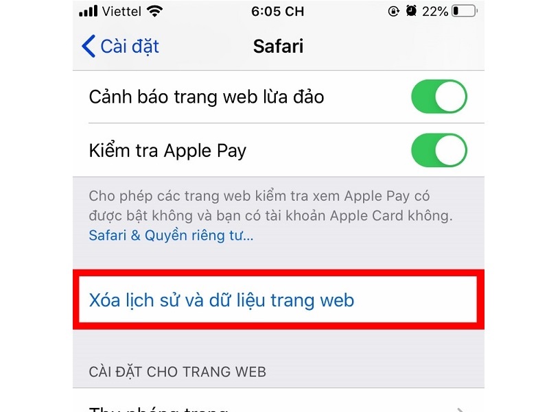 Chọn vào mục Xóa lịch sử và dữ liệu trang web
