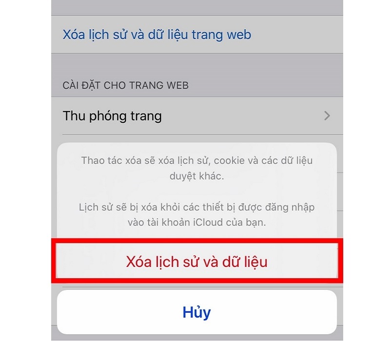 Nhấn Xóa lịch sử và dữ liệu