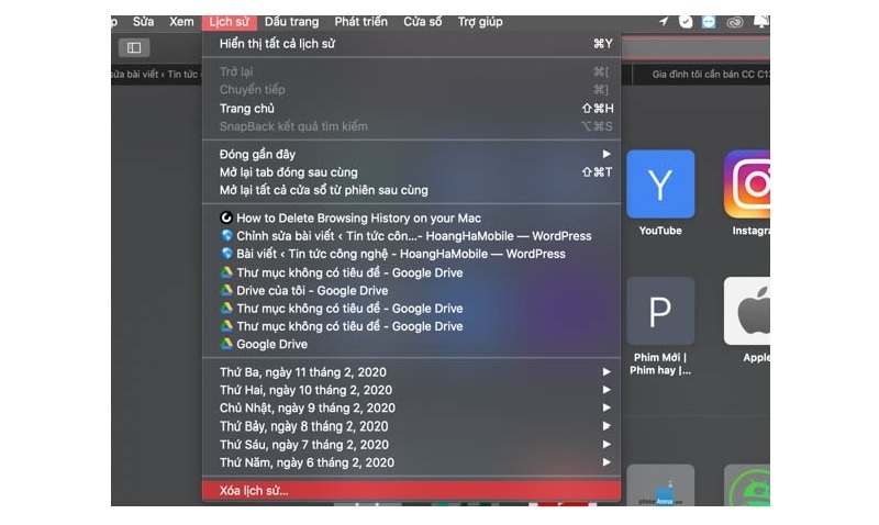 Chọn Xoá lịch sử để tiếp tục