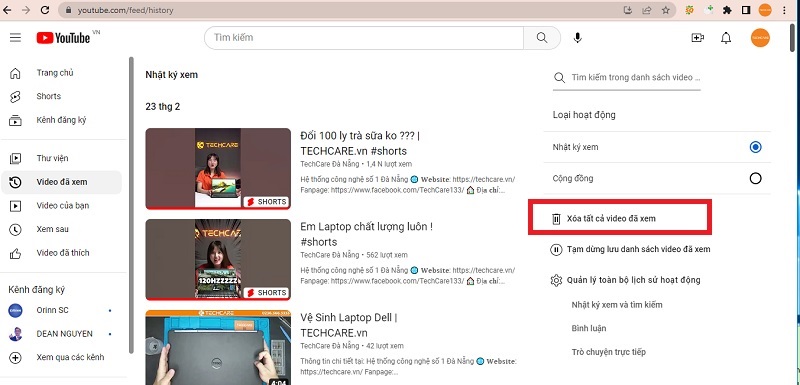 Chọn vào mục Xóa tất cả video đã xem