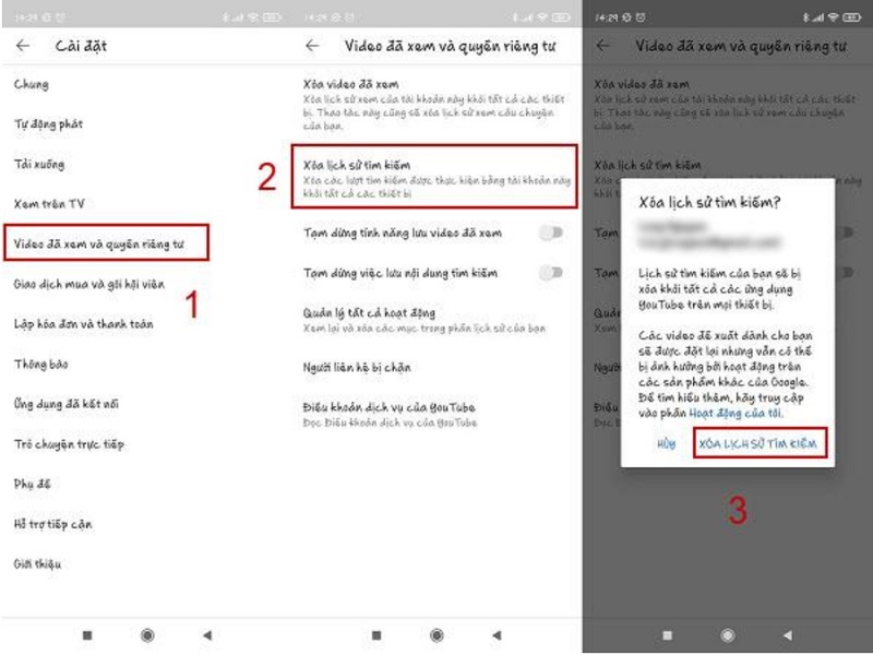 Chọn vào mục Xóa lịch sử tìm kiếm để xoá dữ liệu tìm kiếm video