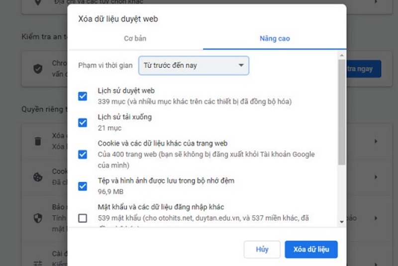 Thiết lập lại các tùy chọn cho phù hợp