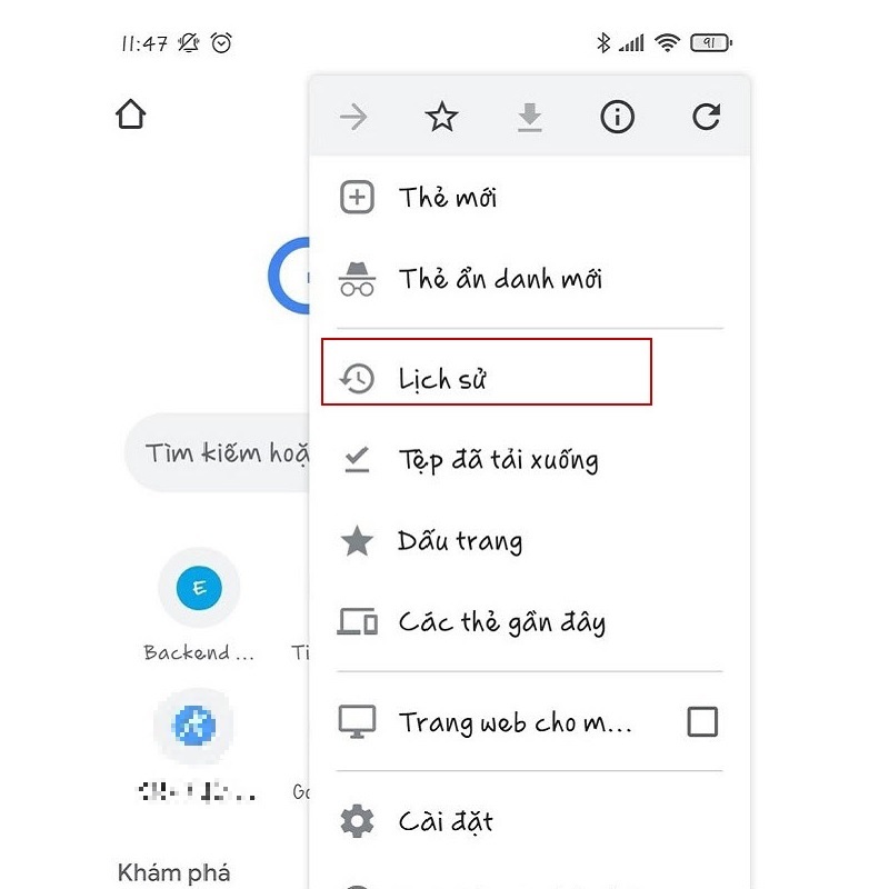 Chọn vào mục Lịch sử để vào lịch sử duyệt web