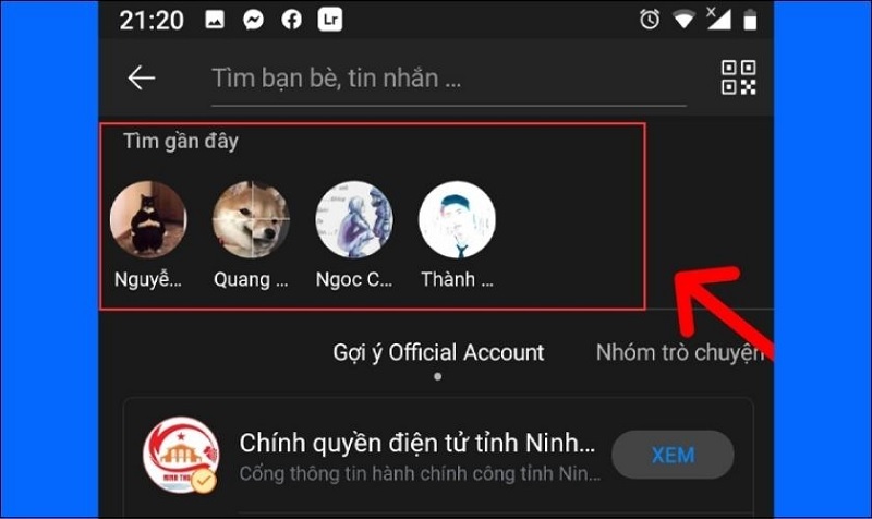 Danh sách các tên người dùng mà bạn tìm kiếm gần đây sẽ được hiển thị