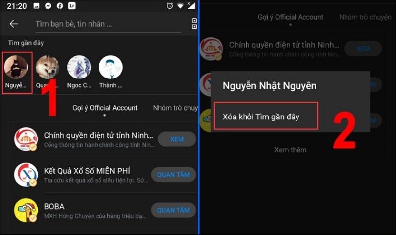 Chọn vào mục Xóa khỏi Tìm gần đây