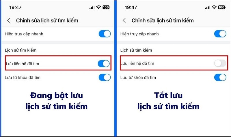 Gạt thanh trượt tại tính năng Lưu liên hệ đã tìm sang trái để tắt đi