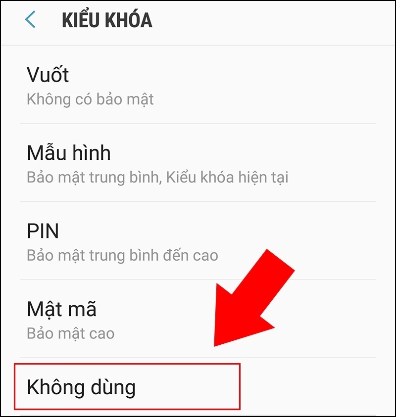 Nhấn vào tùy chọn Không dùng