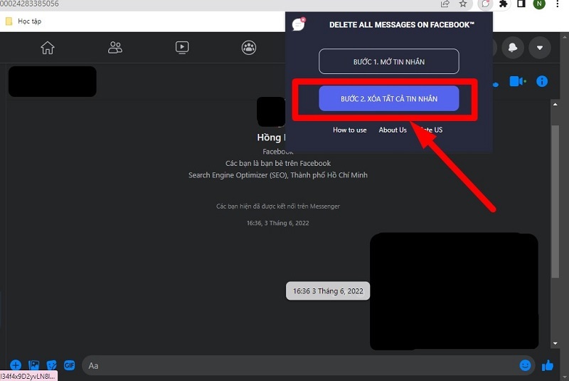 Chọn vào dòng Bước 2. Xóa tất cả tin nhắn
