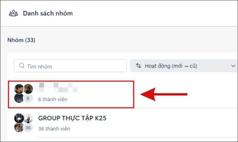 Chọn vào nhóm mà bạn muốn xóa, giải tán