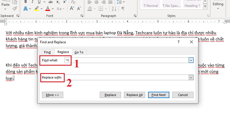Dùng Find and Replace để xử lý tab ẩn bước 1 Dùng Find and Replace để xử lý tab ẩn bước 1