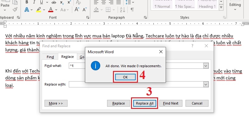 Dùng Find and Replace để xử lý tab ẩn bước 2 Dùng Find and Replace để xử lý tab ẩn bước 2
