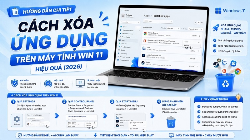 Cách xóa ứng dụng trên máy tính Win 11 hiệu quả (2026)