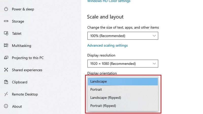 Mục Orientation trong Display Settings Windows 10 Mục Orientation trong Display Settings Windows 10