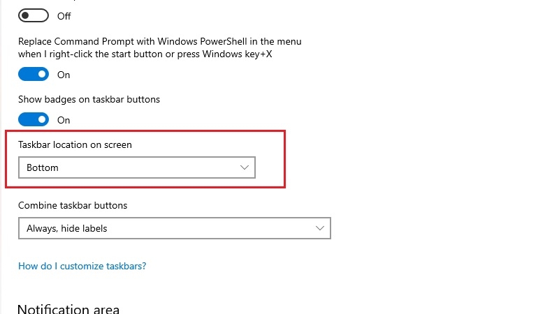 Chọn Bottom trong Taskbar location on screen Chọn Bottom trong Taskbar location on screen