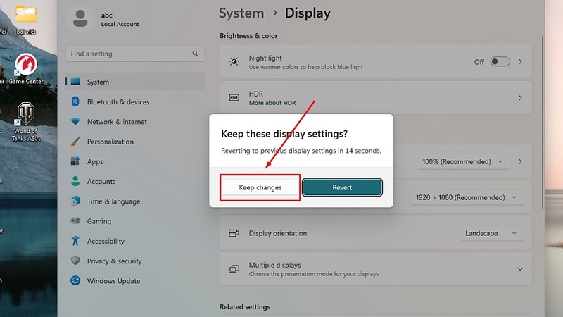 Chọn Display orientation và nhấn Keep changes - Windows 11 Chọn Display orientation và nhấn Keep changes - Windows 11