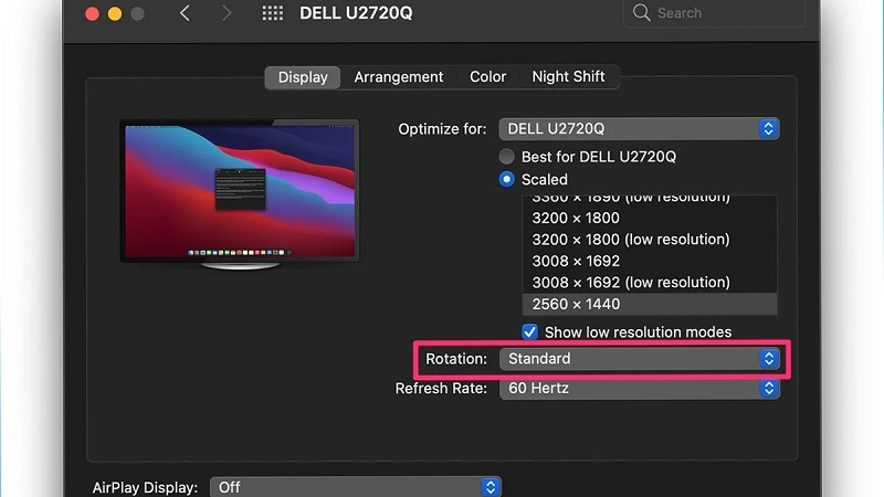 Giữ phím Option để hiện mục Rotation trên MacBook Giữ phím Option để hiện mục Rotation trên MacBook