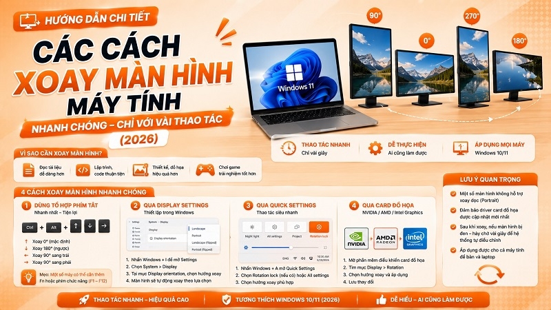 Các cách xoay màn hình máy tính nhanh chóng chỉ với vài thao tác (2026)