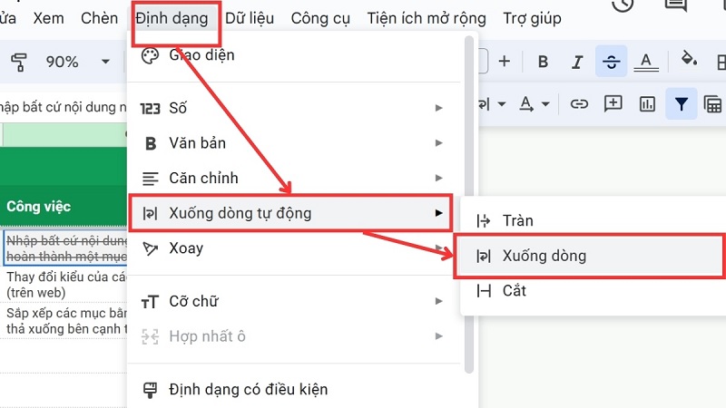 Cách xuống dòng trong Google Sheet qua menu Định dạng