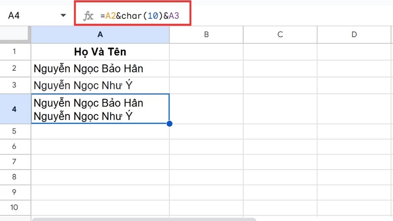 Nhập hàm CHAR(10) để xuống dòng trong Google Sheet