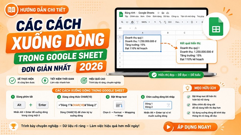 Các cách xuống dòng trong Google Sheet đơn giản nhất 2026