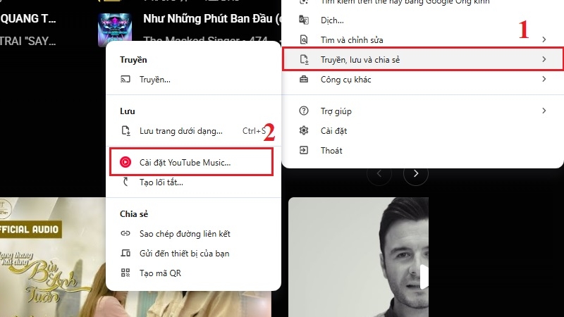 Mũi tên chỉ vào biểu tượng cài đặt ứng dụng YouTube Music trên thanh địa chỉ Chrome
