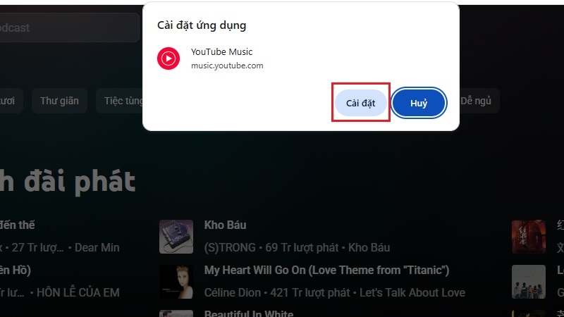 Hộp thoại Install hiện lên với nút Cài đặt màu xanh để xác nhận