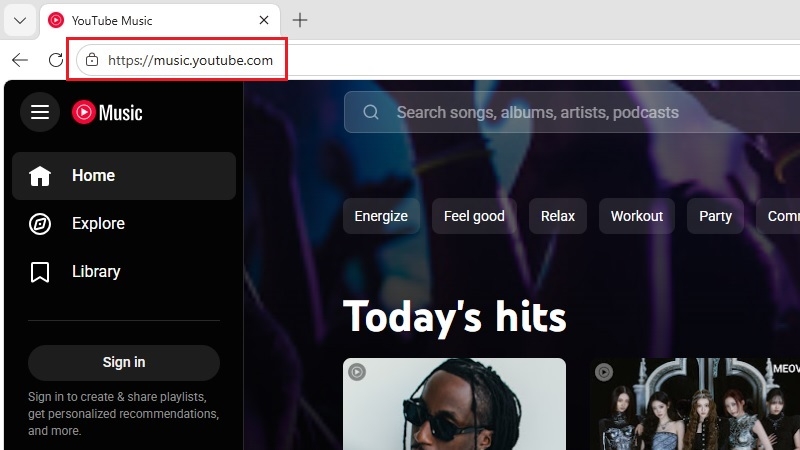 Mở Microsoft Edge và truy cập website music.youtube.com