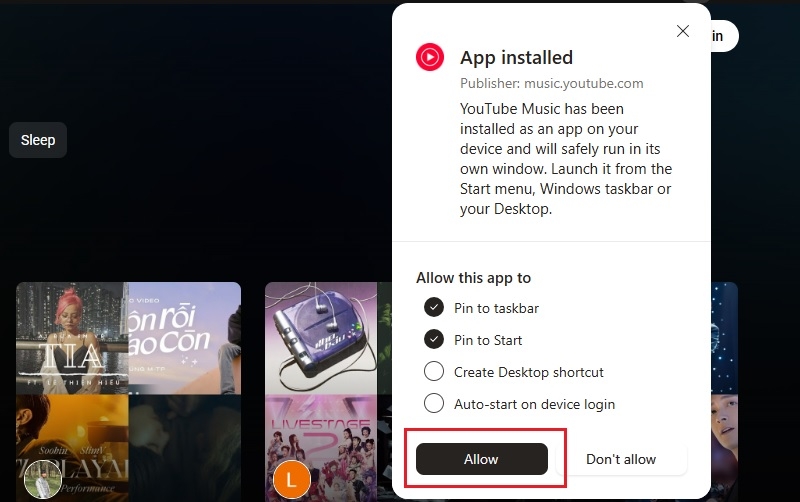 Hướng dẫn chọn Install YouTube Music từ menu Microsoft Edge