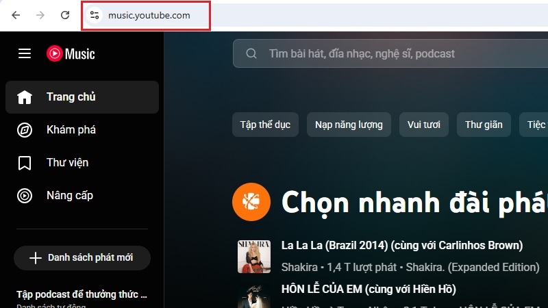 Màn hình trang chủ music.youtube.com hiển thị trên trình duyệt Chrome