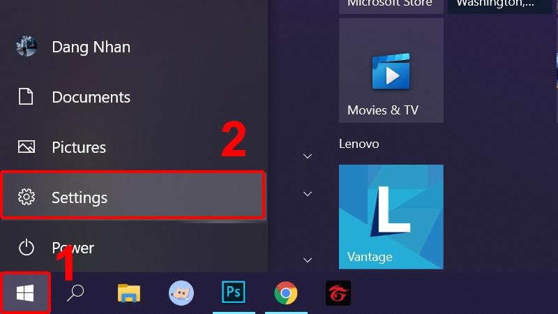 Mở Settings từ Start menu trên Win 10