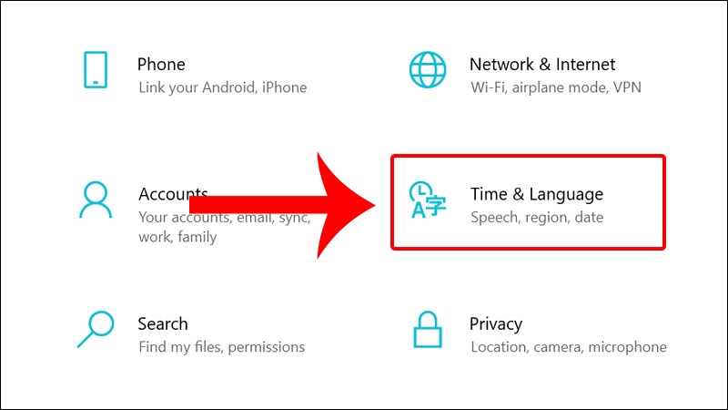 Nhấn chọn mục Time & Language