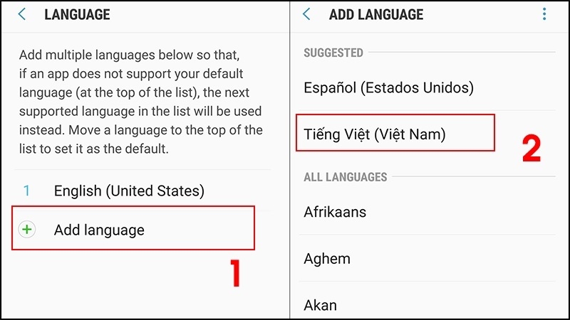 Tìm kiếm và chọn ngôn ngữ Tiếng Việt