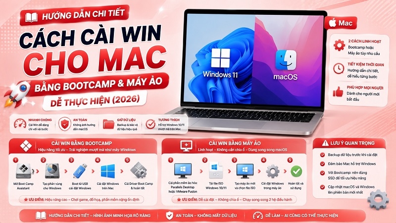 Cách cài win cho Mac bằng Bootcamp và máy ảo dễ thực hiện (2026)