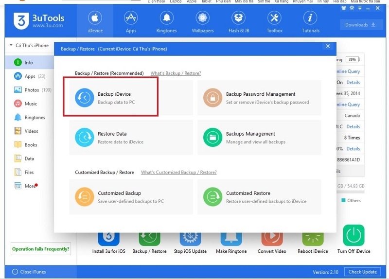 Chọn Backup iDevice