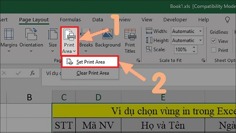 Chọn Print Area > Set Print Area Chọn Print Area > Set Print Area