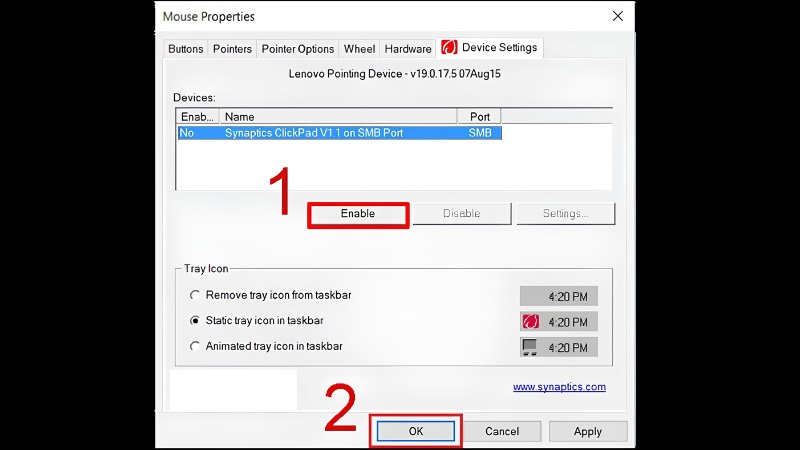 Kích hoạt lại touchpad trong Mouse Properties bước 3