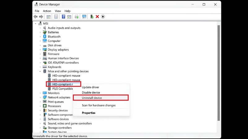 Gỡ driver chuột đang xung đột trong Device2Manager bước 2