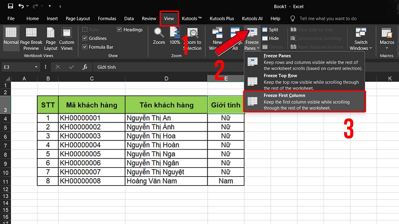 Cách cố định 1 cột đầu tiên
