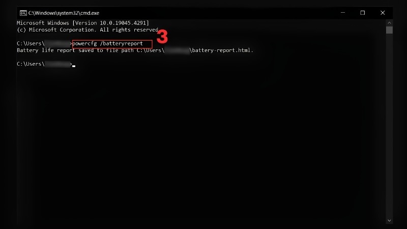 Dòng lệnh powercfg /batteryreport được nhập trong Command Prompt Dòng lệnh powercfg /batteryreport được nhập trong Command Prompt