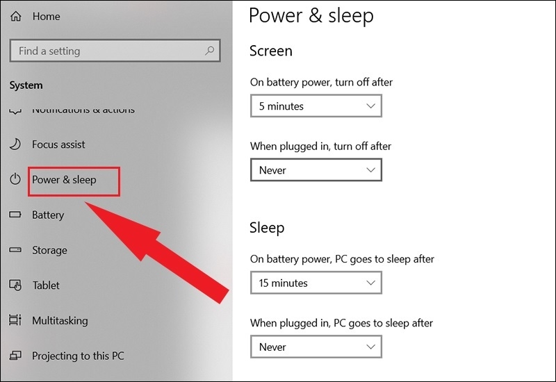 Chọn vào phần Power & sleep