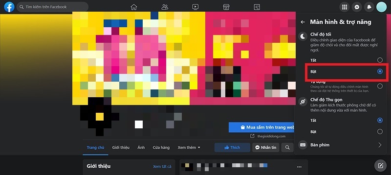 Chọn Bật ở mục Chế độ tối