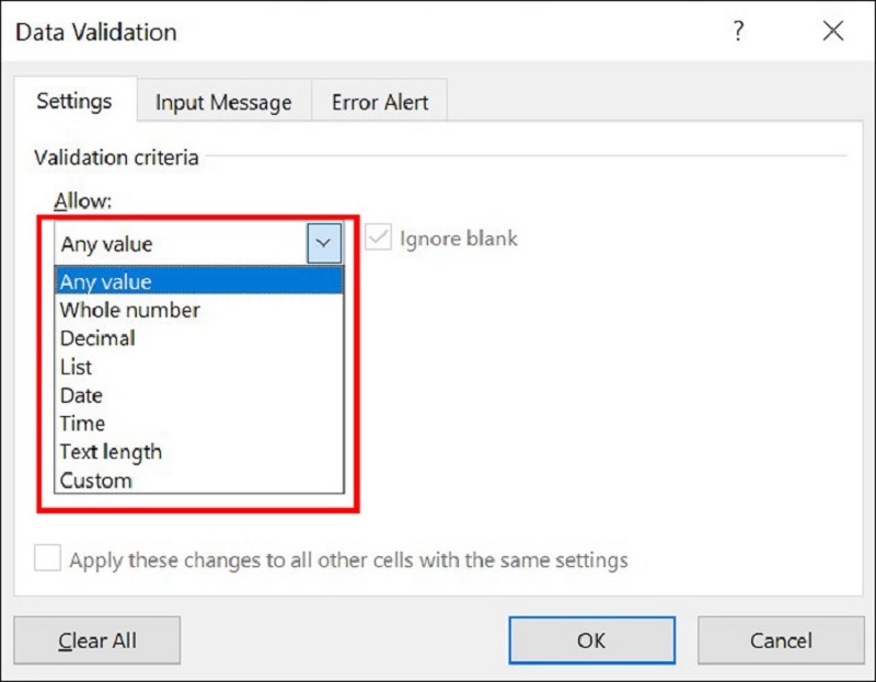 Thiết lập dữ liệu cho phép nhập vào ở mục Allow