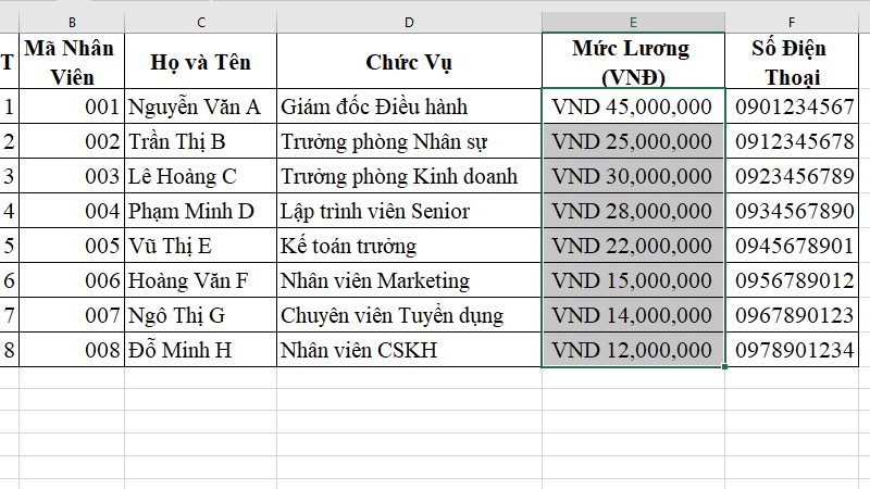 Bảng số liệu sau khi được định dạng theo đơn vị tiền tệ Bảng số liệu sau khi được định dạng theo đơn vị tiền tệ
