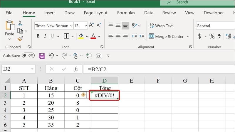 Ô Excel hiển thị lỗi #DIV/0! khi công thức chia cho ô có giá trị 0 Ô Excel hiển thị lỗi #DIV/0! khi công thức chia cho ô có giá trị 0