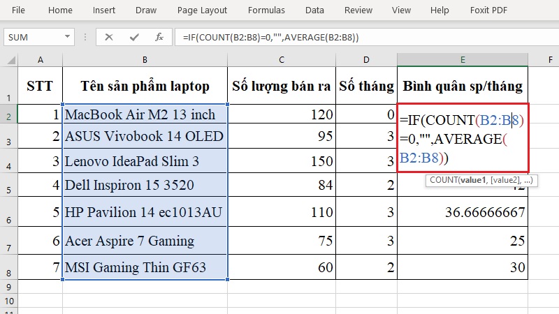 Sửa lỗi #DIV/0! của hàm AVERAGE bước 1 Sửa lỗi #DIV/0! của hàm AVERAGE bước 1