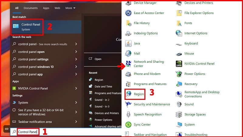 Giao diện Control Panel với mục Region được khoanh đỏ