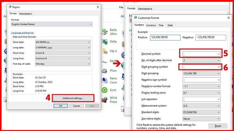 Cửa sổ Customize Format với ô Decimal symbol đang chọn dấu chấm