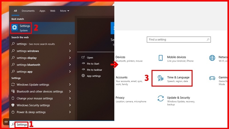 Nhấn vào Start và gõ tìm kiếm Settings 