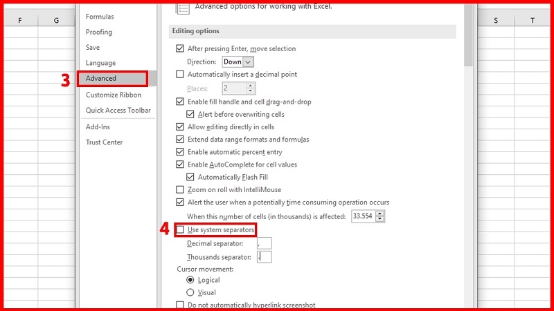 Mục Editing options trong Excel với ô Use system separators đang bỏ chọn