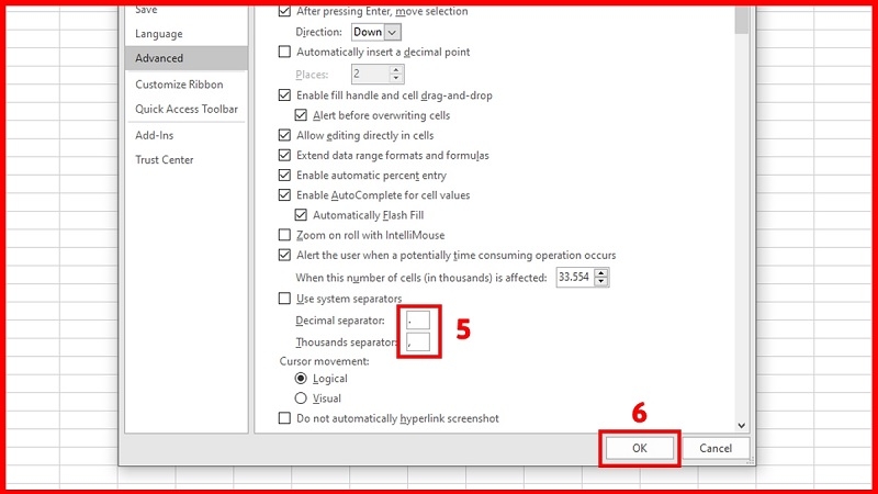 Gõ dấu chấm tại mục Decimal separator, gõ dấu phẩy tại mục Thousands separator